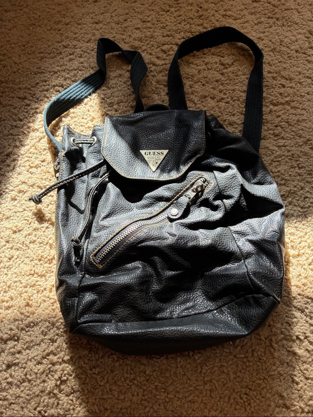 GUESS LOVERS VINTAGE Black Drawstring Flap Backpack with Front Zip Pocket
